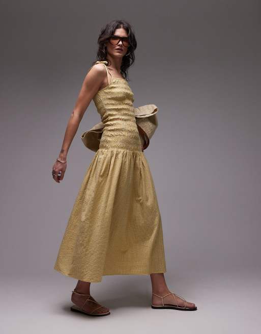 Topshop Cami shirred midi dress in yellow check