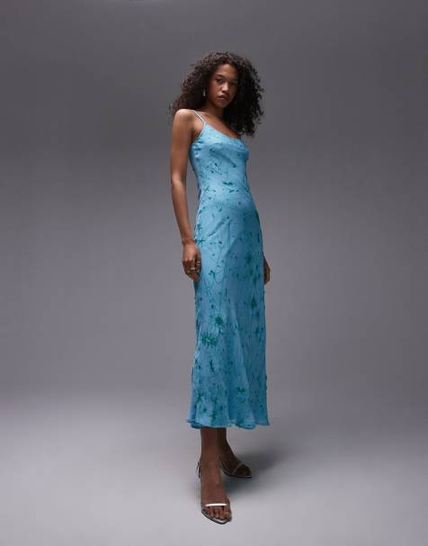 Topshop cami slip dress with embroidery and embellishment in blue - view 1