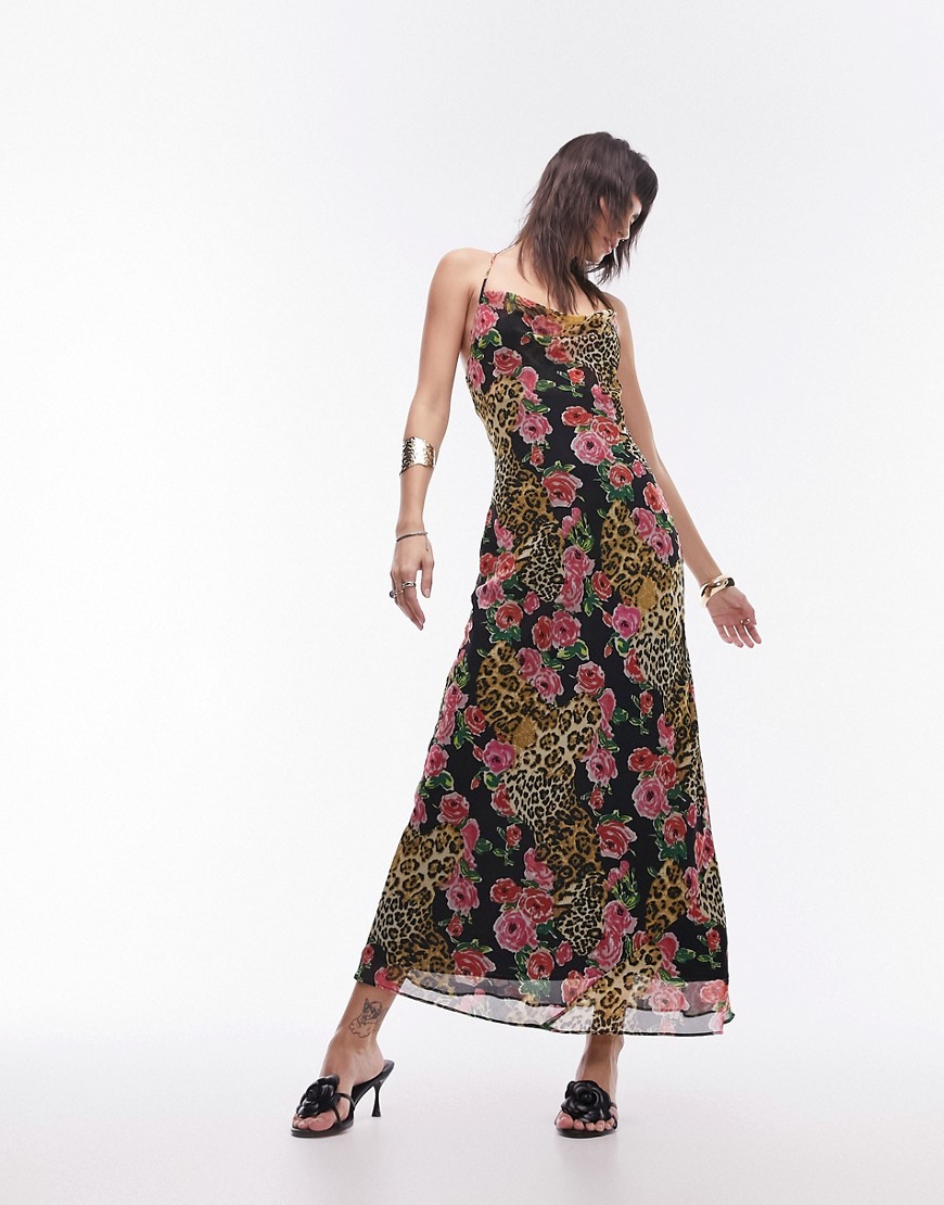 Topshop cami slip midi dress in leopard and rose print-Multi