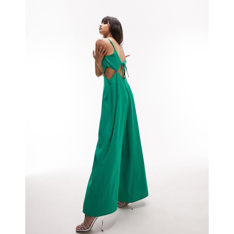 Topshop cami tie detail wide leg jumpsuit in green