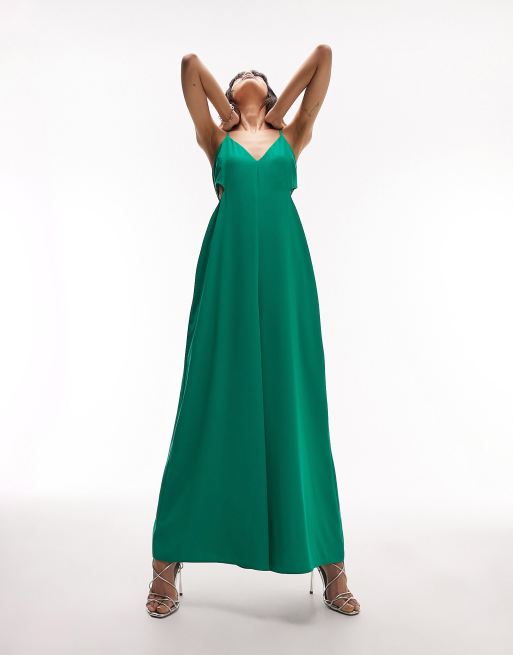 Topshop cami tie detail wide leg jumpsuit in green