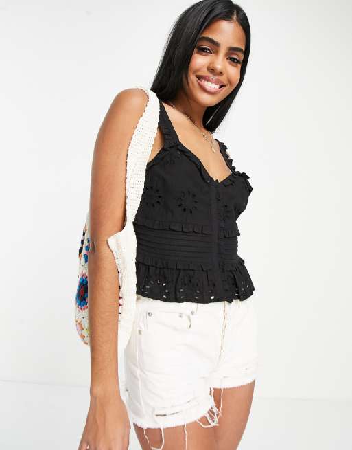 Topshop - Cami top met plooitjes en broderie in zwart