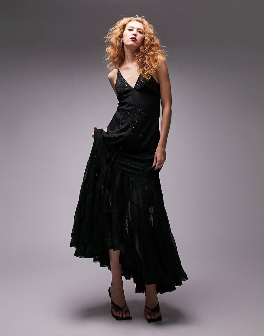 Topshop cami v neck embellished maxi dress in black