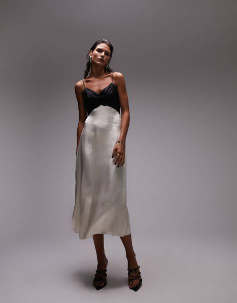 Topshop cami v neck midi dress in black and white - view 1
