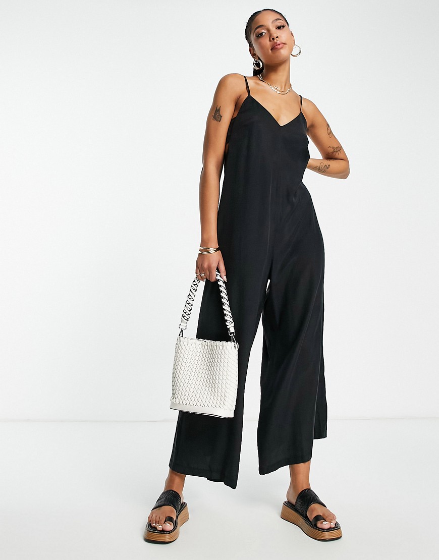 Shop Topshop Cami Wide Leg Jumpsuit With Open Back In Black-green