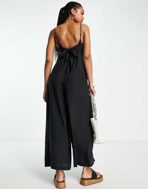 Topshop linen square neck romper jumpsuit in black