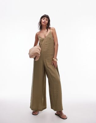 Topshop cami wide leg jumpsuit with tie back in khaki Sale