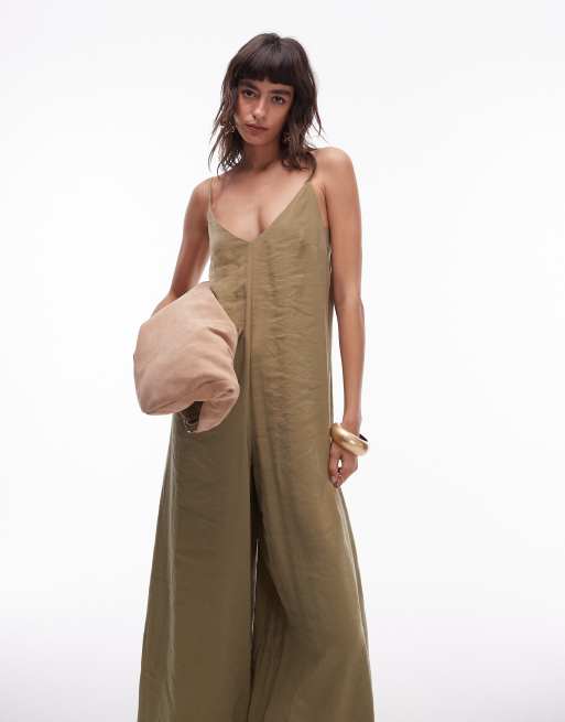 Topshop cami wide leg jumpsuit with tie back in khaki