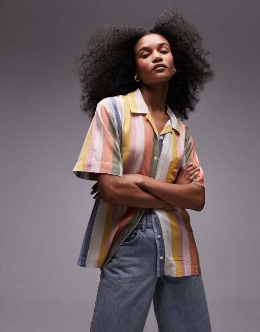 Topshop - Camicia a maniche corte in tessuto fiammato a righe multicolore vivaci