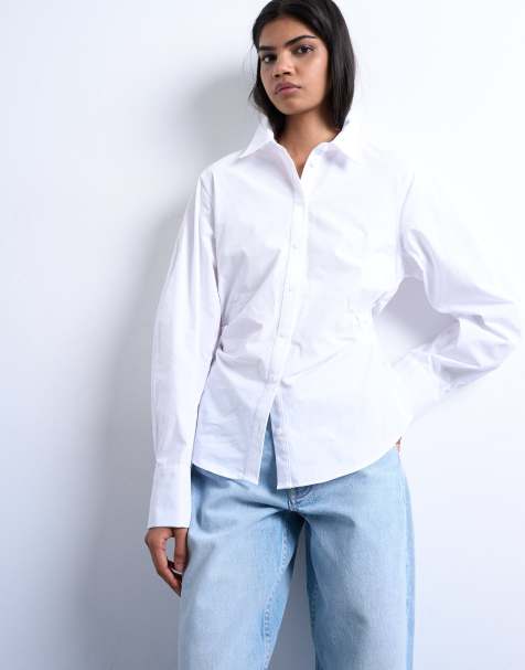 Topshop - Camicia a maniche lunghe bianca in popeline stretta in vita - view 1