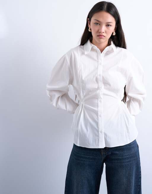 Topshop - Camicia a maniche lunghe color avorio allacciata in vita sul retro