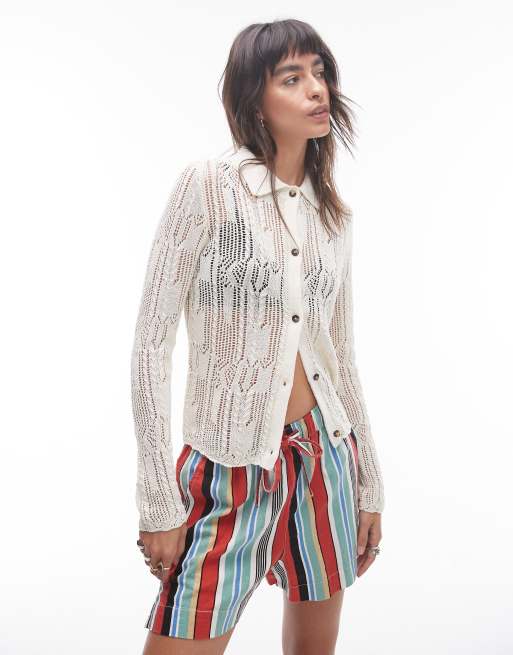 Topshop - Camicia a maniche lunghe in maglia crema con cuciture fantasia