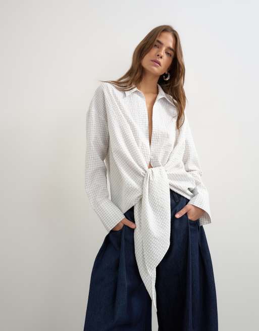 Topshop camicia a quadri con dettaglio annodato bianca, 1 di 4