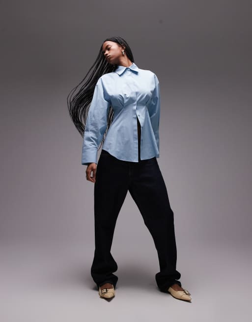 Topshop - Camicia blu in popeline stretta in vita, 3 di 4