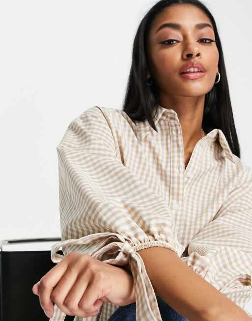 Topshop - Camicia color neutro a quadri con maniche a palloncino con allacciatura, 2 di 4