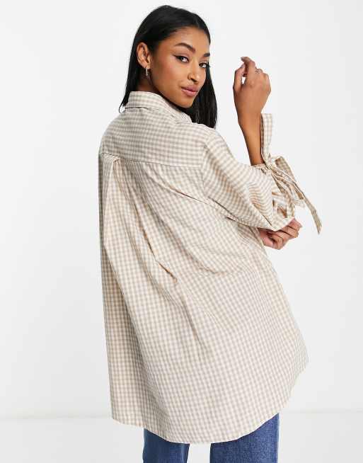 Topshop - Camicia color neutro a quadri con maniche a palloncino con allacciatura, 3 di 4