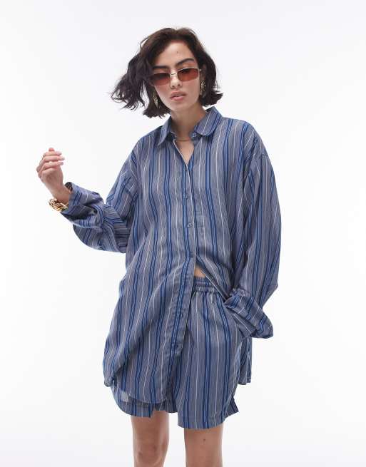 Topshop - Camicia comoda blu a righe in tessuto fiammato in coordinato