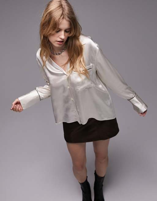 Topshop - Camicia comoda color ostrica con profili a contrasto color oliva 