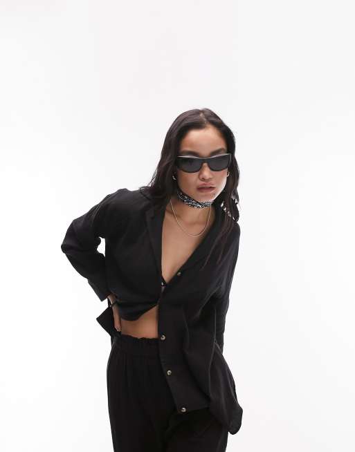 Topshop - Camicia da mare casual testurizzata nera in coordinato 