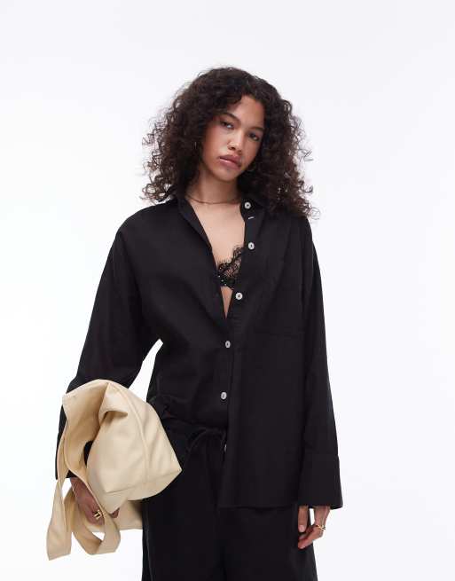 Topshop - Camicia da mare nera in misto lino in coordinato