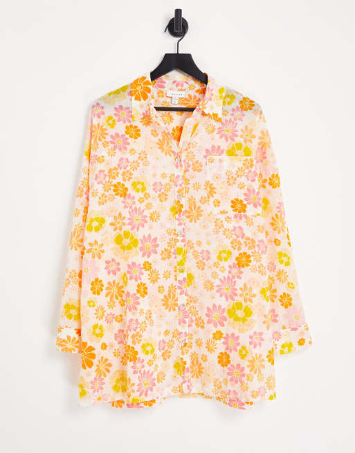 Topshop - Camicia da spiaggia a fiori multicolore stile anni '70