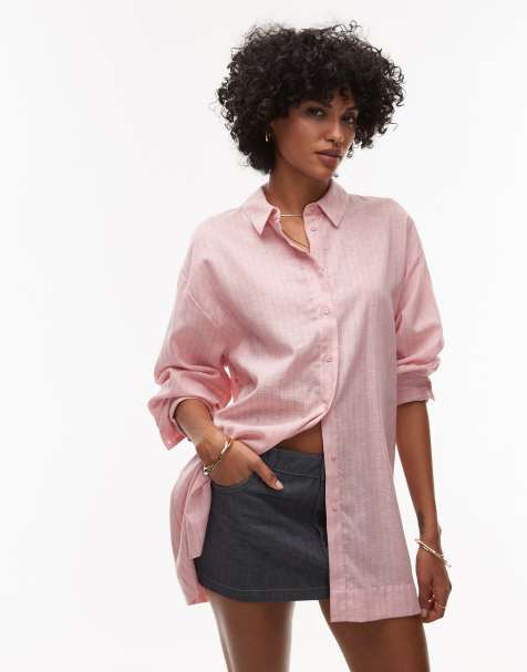 Topshop - Camicia effetto lino rosa con motivo gessato blu - view 1