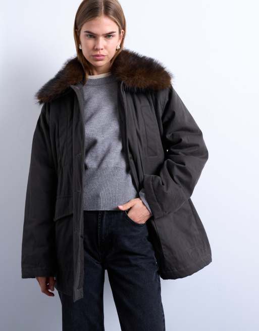 Topshop - Camicia giacca cerata color cioccolato con colletto in pelliccia sintetica