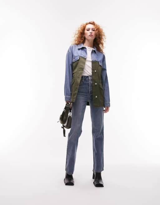 Topshop - Camicia giacca di jeans kaki ibrida raccolta in vita, 3 di 4