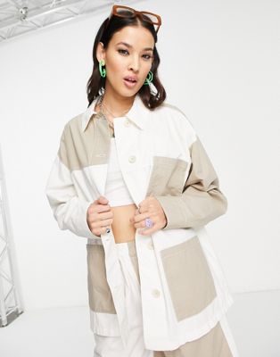 Topshop colour block cotton shacket in white and beige - ASOS Price Checker
