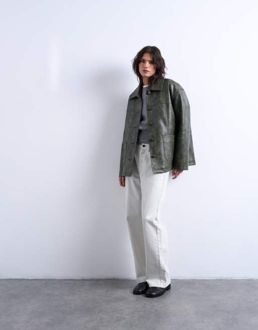 Topshop - Camicia giacca in pelle sintetica verde con bottoni e colletto, 2 di 4