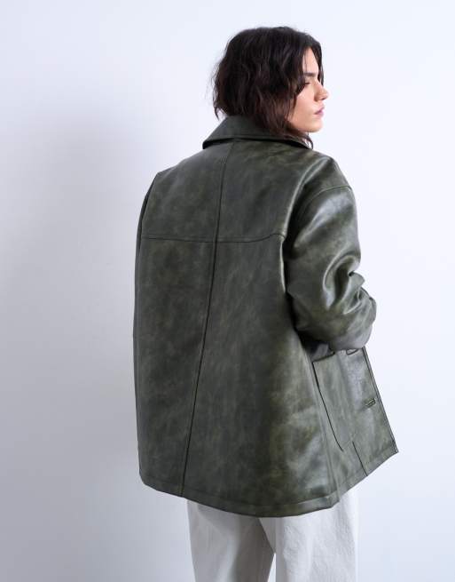 Topshop - Camicia giacca in pelle sintetica verde con bottoni e colletto, 4 di 4
