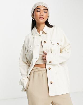Topshop oversized lightweight shacket with woven label in ecru - ASOS Price Checker