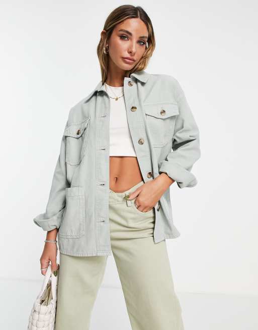 Topshop - Camicia giacca oversize leggera verde salvia con etichetta in tessuto