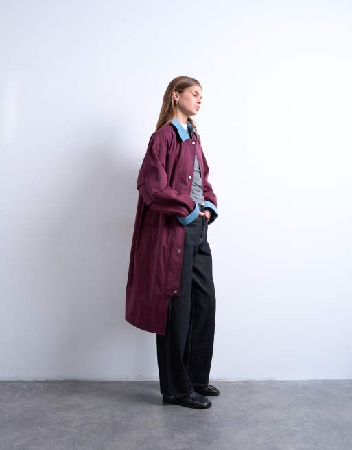 Topshop - Camicia giacca taglio lungo bordeaux con colletto a contrasto