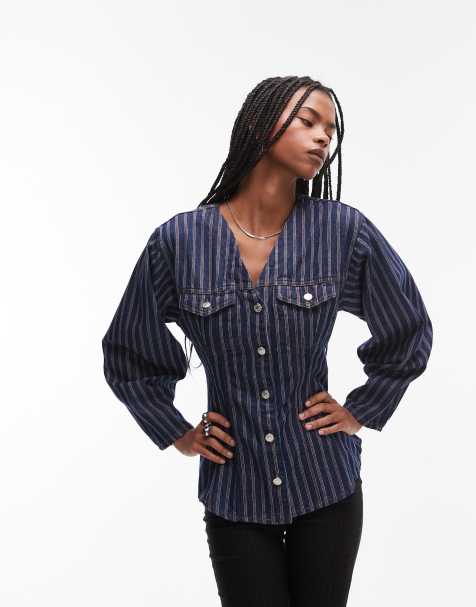 Topshop - Camicia in denim stretta in vita color indaco a righe rosse - view 1