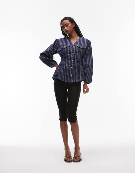 Topshop - Camicia in denim stretta in vita color indaco a righe rosse, 3 di 4