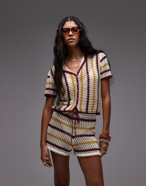 Topshop - Camicia in maglia traforata a righe color rosso, senape e crema in coordinato - view 1