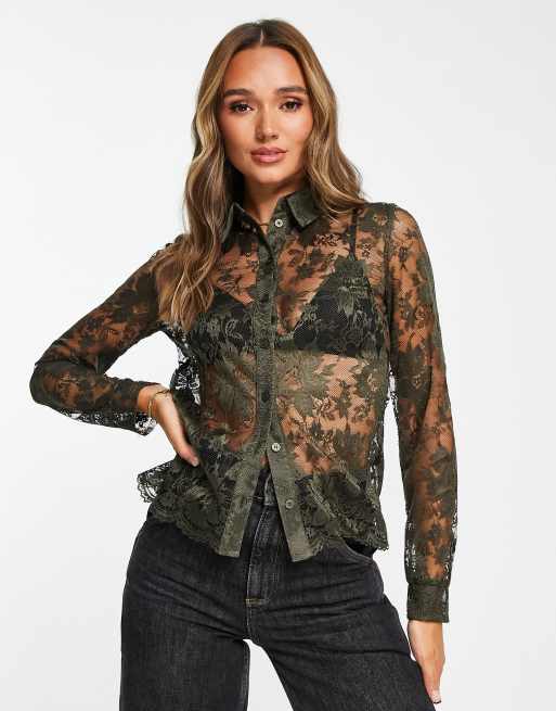 Topshop - Camicia in pizzo kaki trasparente