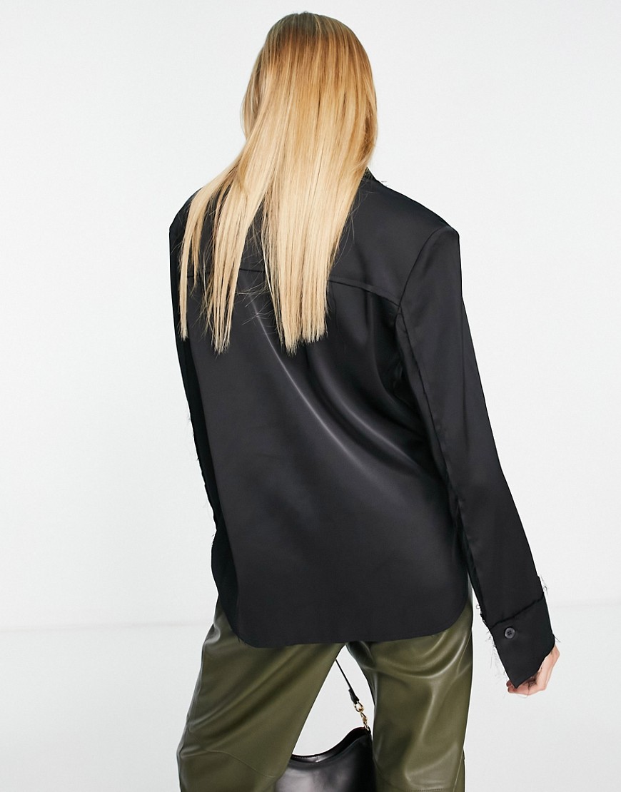 Camicia in raso nera con bordi grezzi-Nero - Topshop Camicia donna  - immagine1
