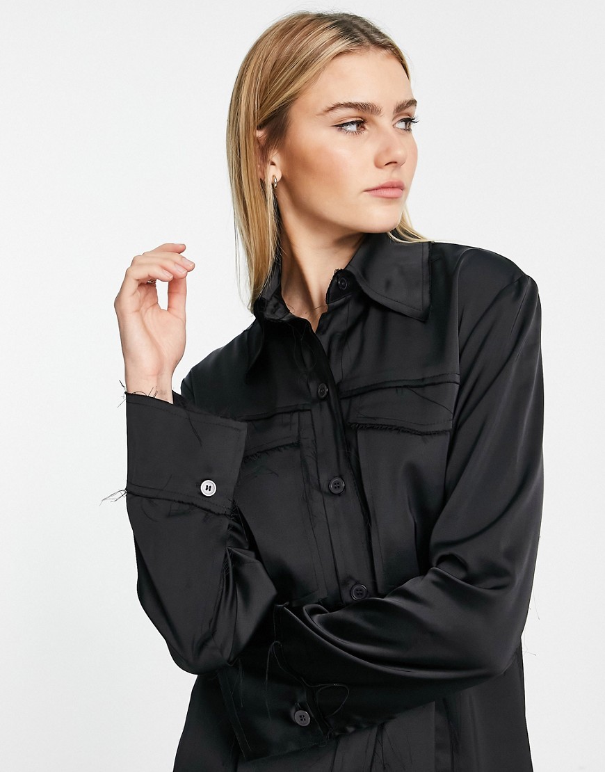 Camicia in raso nera con bordi grezzi-Nero - Topshop Camicia donna  - immagine3