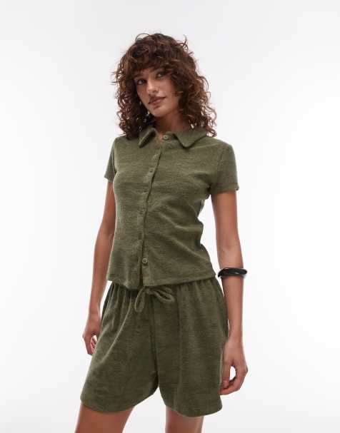 Topshop - Camicia in spugna kaki con bottoni - view 1