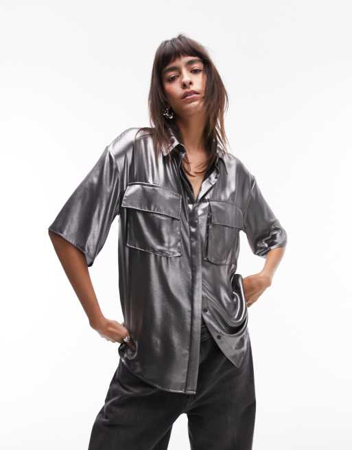 Topshop - Camicia metallizzata color canna di fucile 