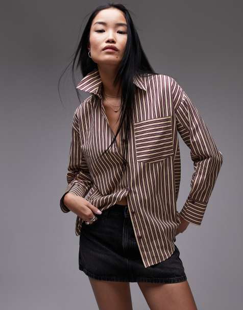 Topshop - Camicia oversize a righe bordeaux e color latticello - view 1