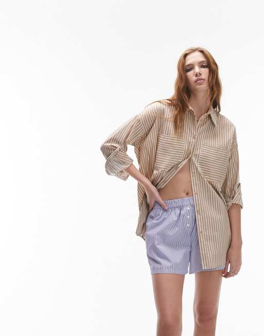 Topshop - Camicia oversize a righe color cuoio 