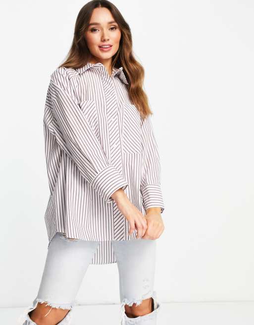 Topshop - Camicia oversize in popeline a righe color cioccolato