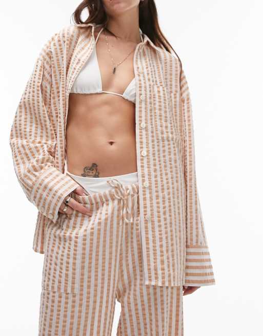 Topshop - Camicia oversize in seersucker marrone a righe in coordinato