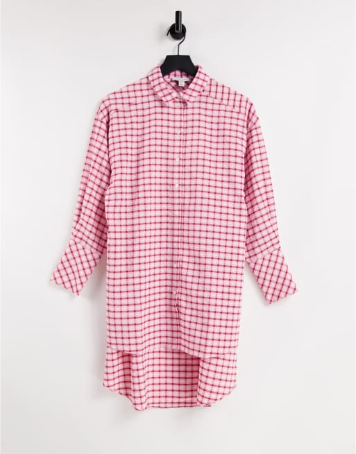 Topshop - Camicia oversize rosa e rossa a quadri con fondo asimmetrico