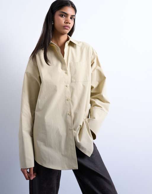 Topshop - Camicia oversize stretta in vita color pietra in popeline