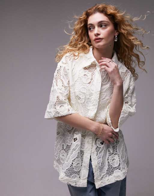 Topshop - Camicia premium in pizzo color avorio 