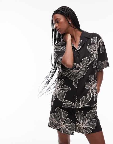 Topshop - Camicia resort nera con stampa a fiori monocromatica testurizzata in coordinato - view 1